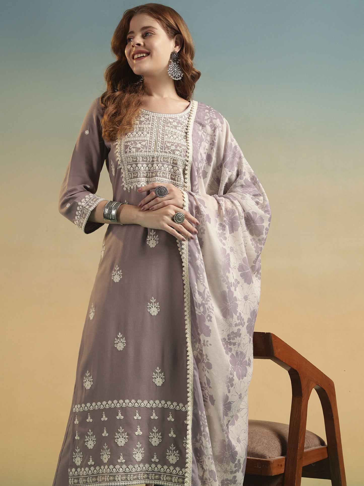 Purple Mauve Embroidered Rayon Women's Kurta and Palazzo Set