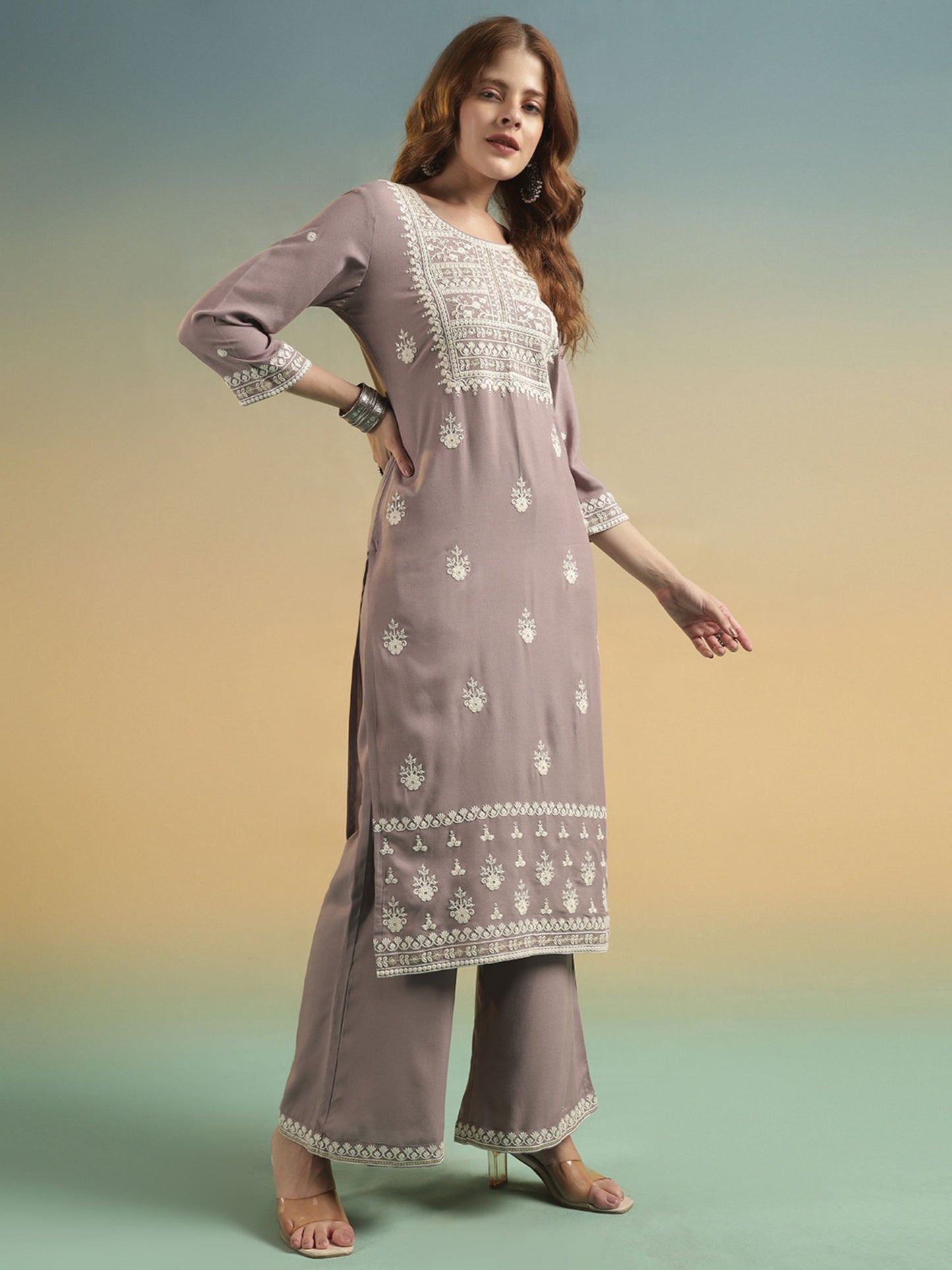 Purple Mauve Embroidered Rayon Women's Kurta and Palazzo Set