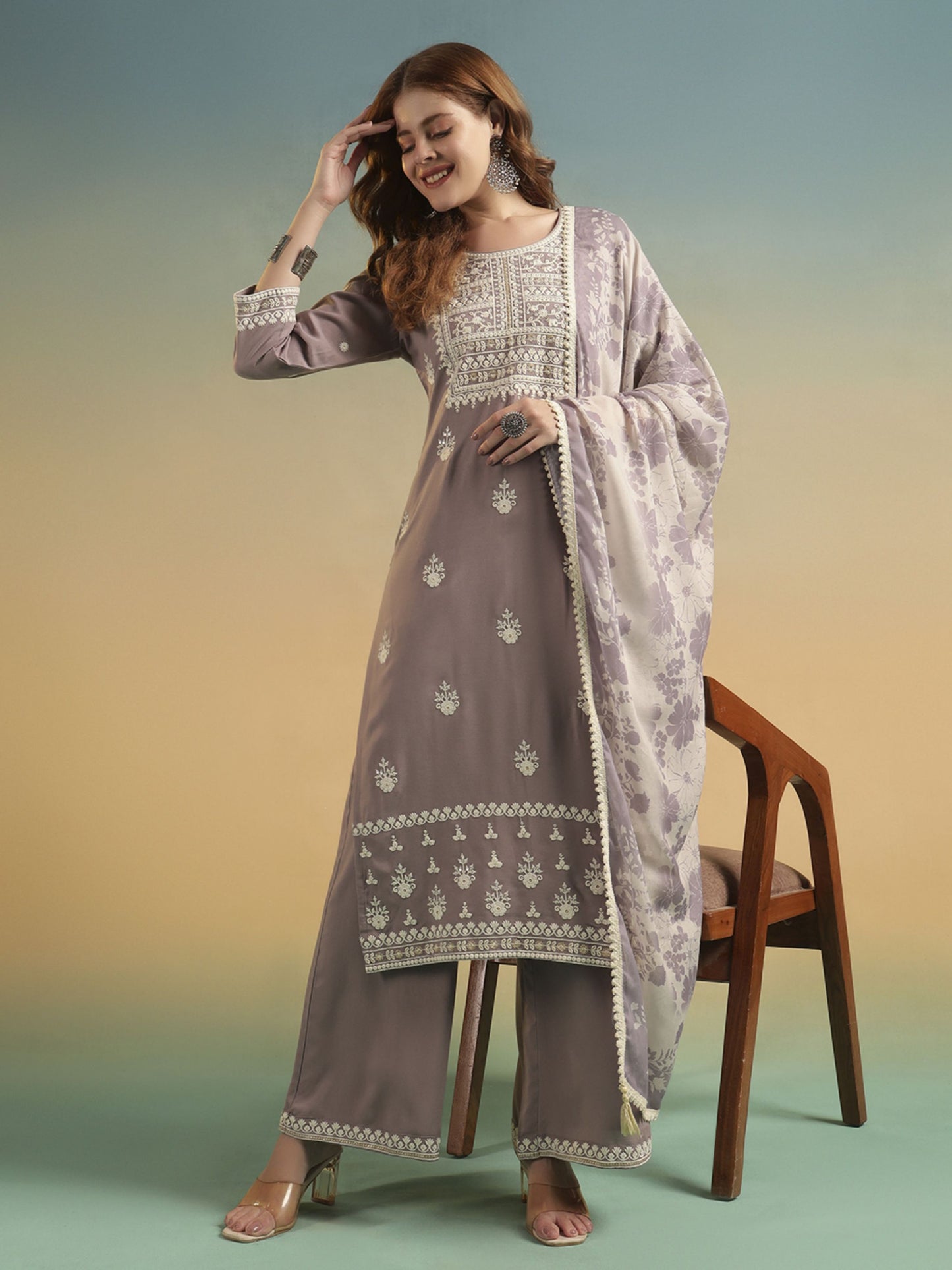 Purple Mauve Embroidered Rayon Women's Kurta and Palazzo Set