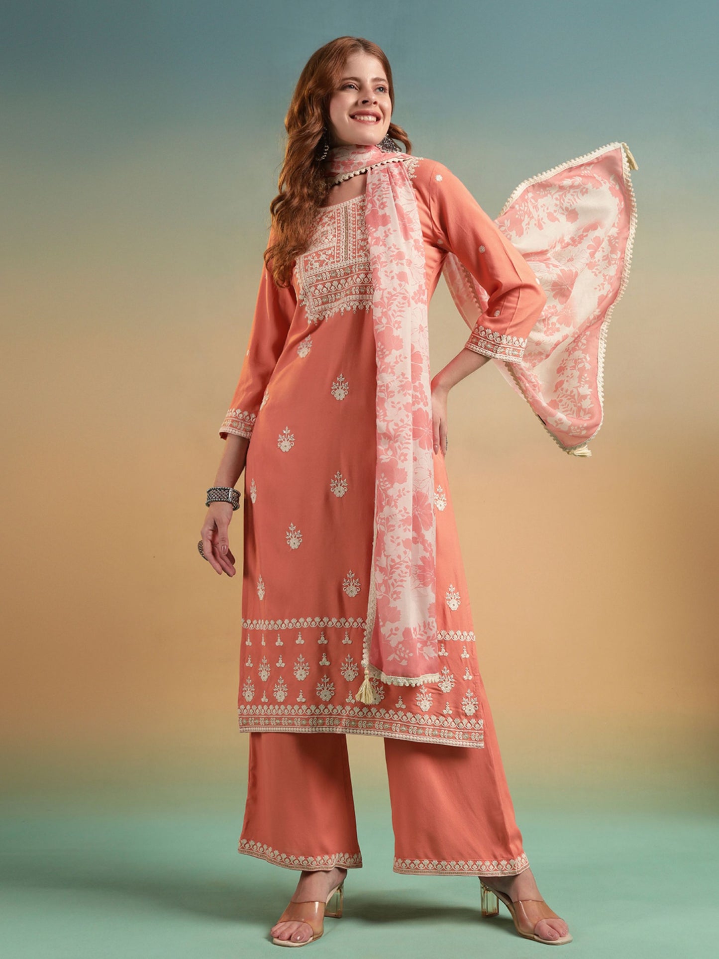 Peach Embroidered Rayon Women's Kurta and Palazzo Set