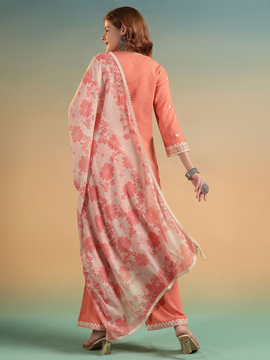 Peach Embroidered Rayon Women's Kurta and Palazzo Set