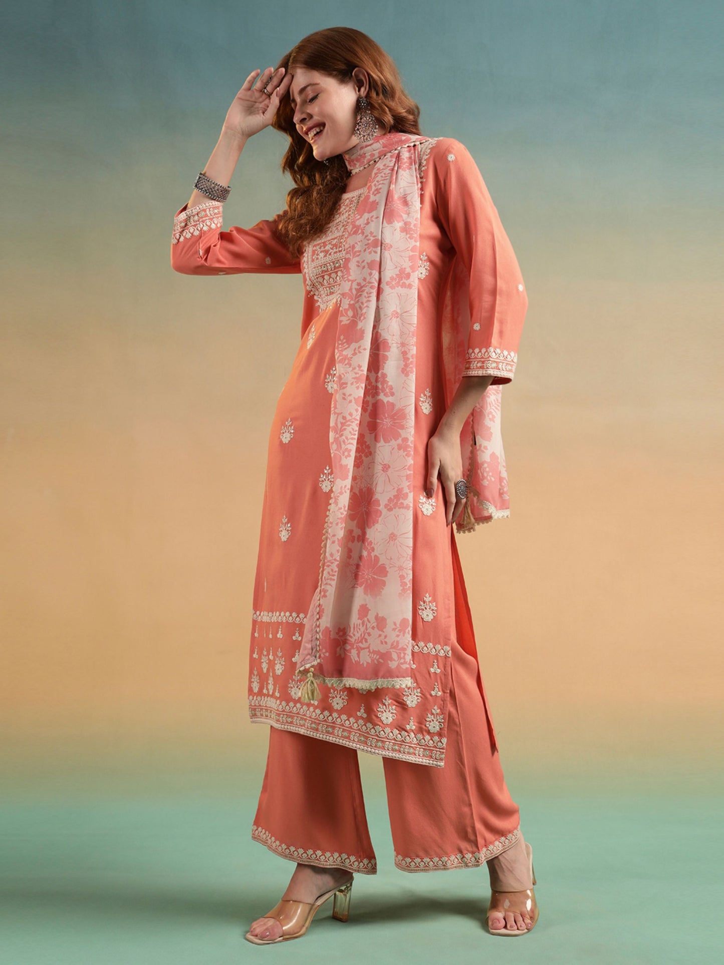 Peach Embroidered Rayon Women's Kurta and Palazzo Set