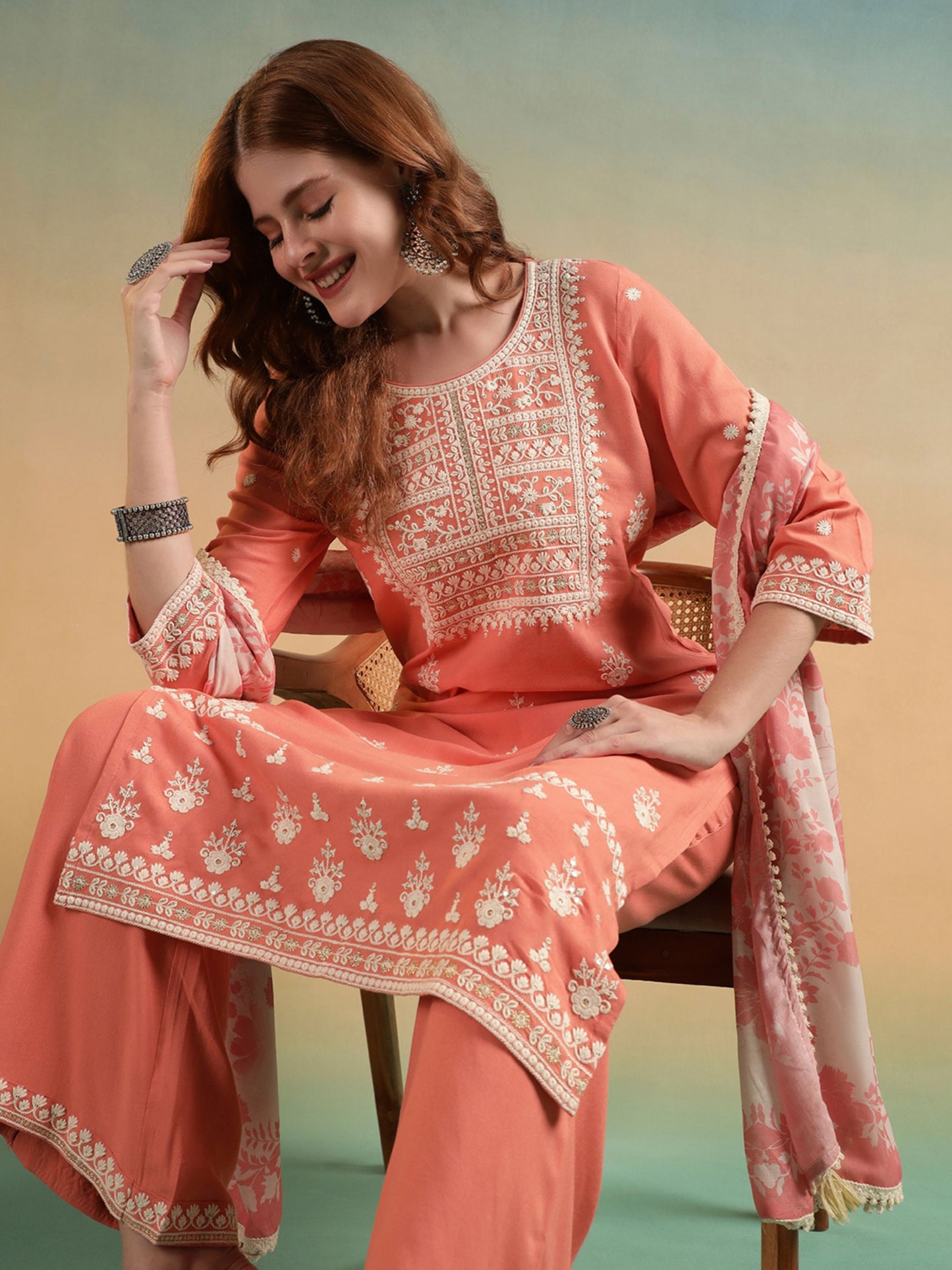 Peach Embroidered Rayon Women's Kurta and Palazzo Set