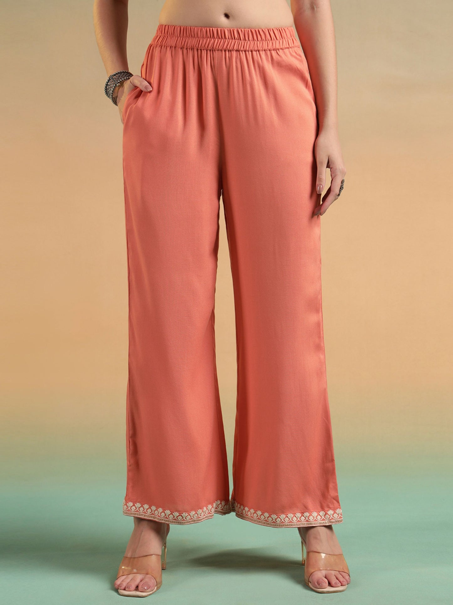 Peach Embroidered Rayon Women's Kurta and Palazzo Set