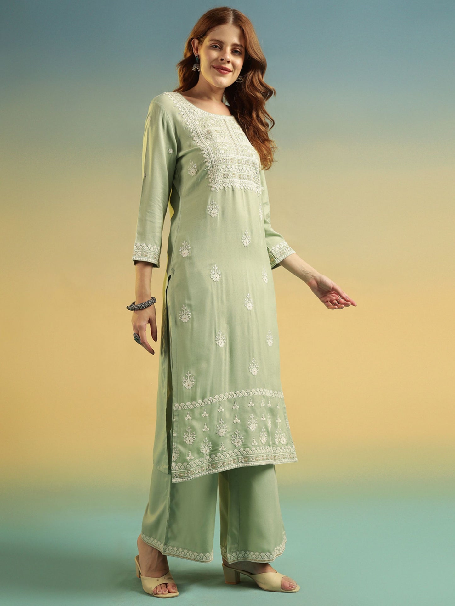 Pista Embroidered Rayon Women's Kurta and Palazzo Set