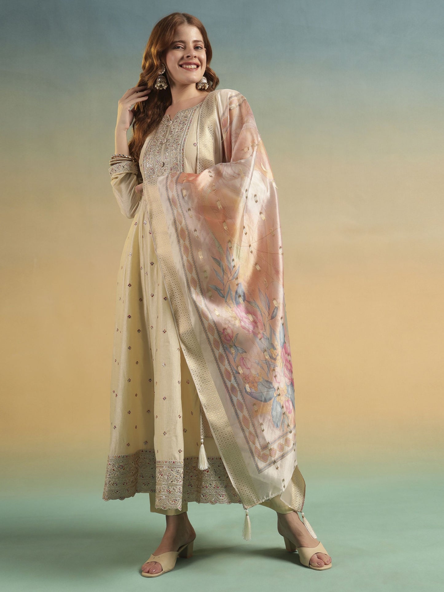 Pearl Cream Embroidered Silk Women's Kurta, Pyjama & Dupatta Set