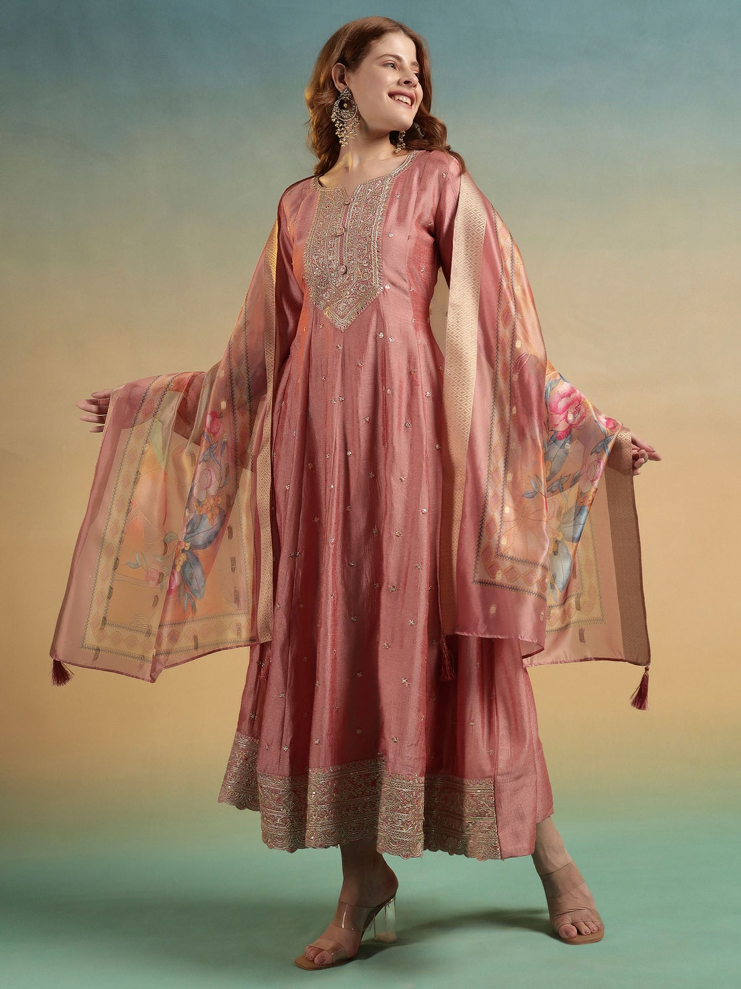 Peach Embroidered Silk Women's Kurta, Pyjama & Dupatta Set