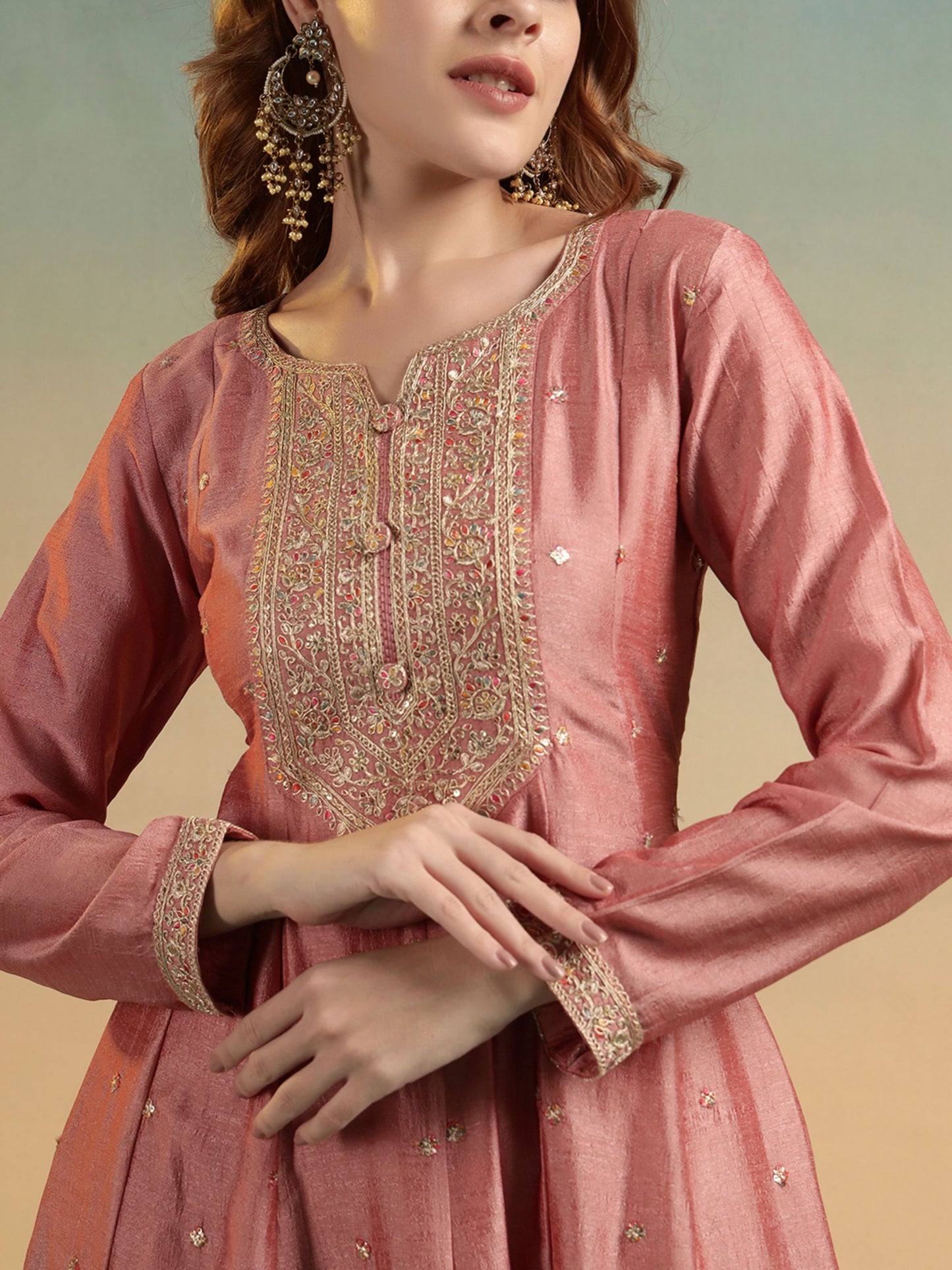 Peach Embroidered Silk Women's Kurta, Pyjama & Dupatta Set