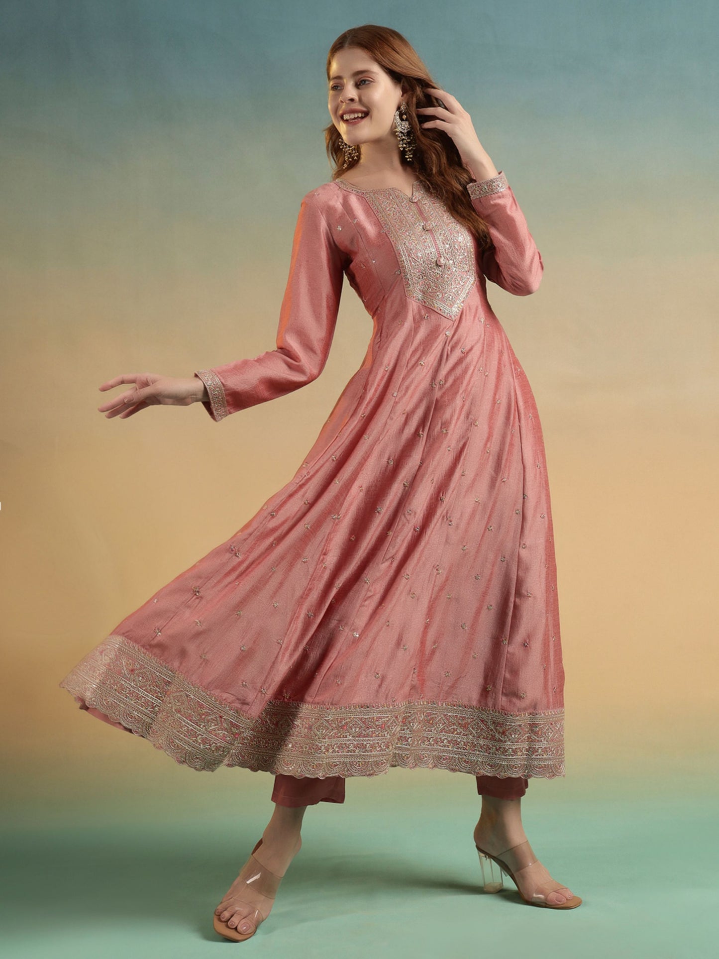 Peach Embroidered Silk Women's Kurta, Pyjama & Dupatta Set