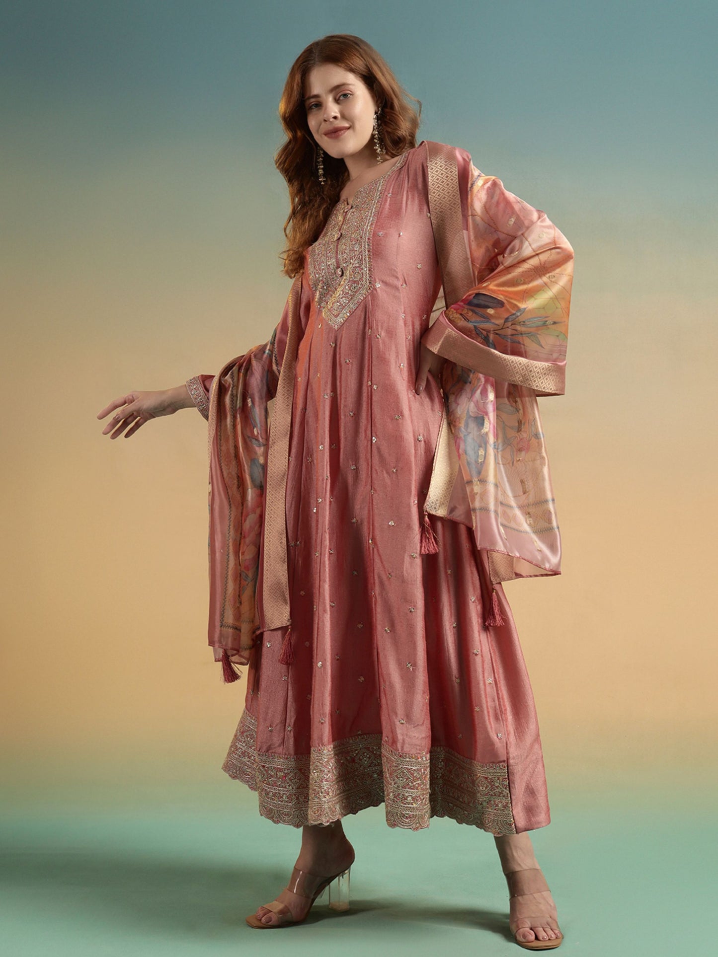 Peach Embroidered Silk Women's Kurta, Pyjama & Dupatta Set