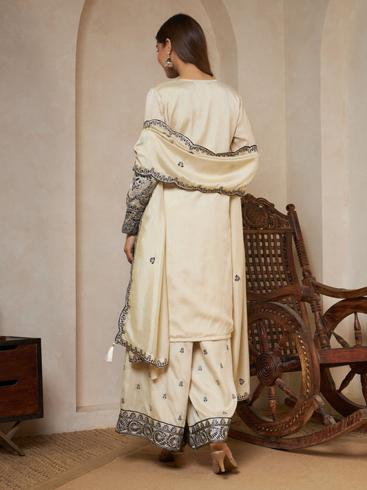 Ivory Embroidered Silk Women's Kurta,Palazzo and Dupatta Set
