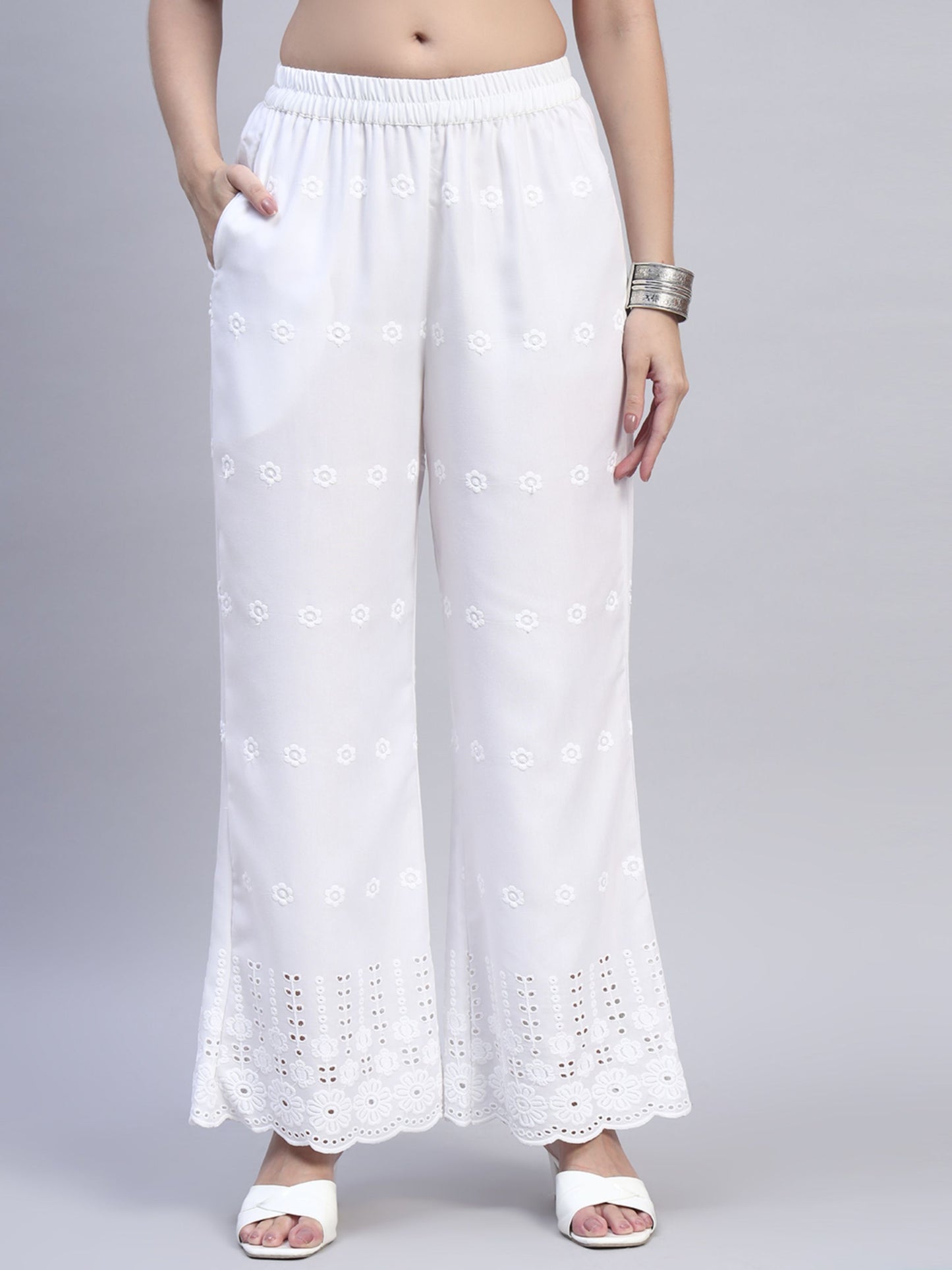 White Chikankari Cotton blend Women's Palazzo