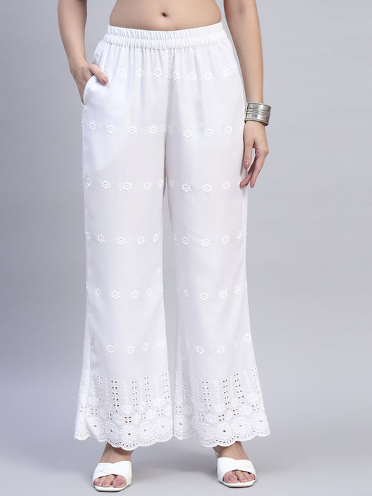 White Chikankari Cotton blend Women's Palazzo