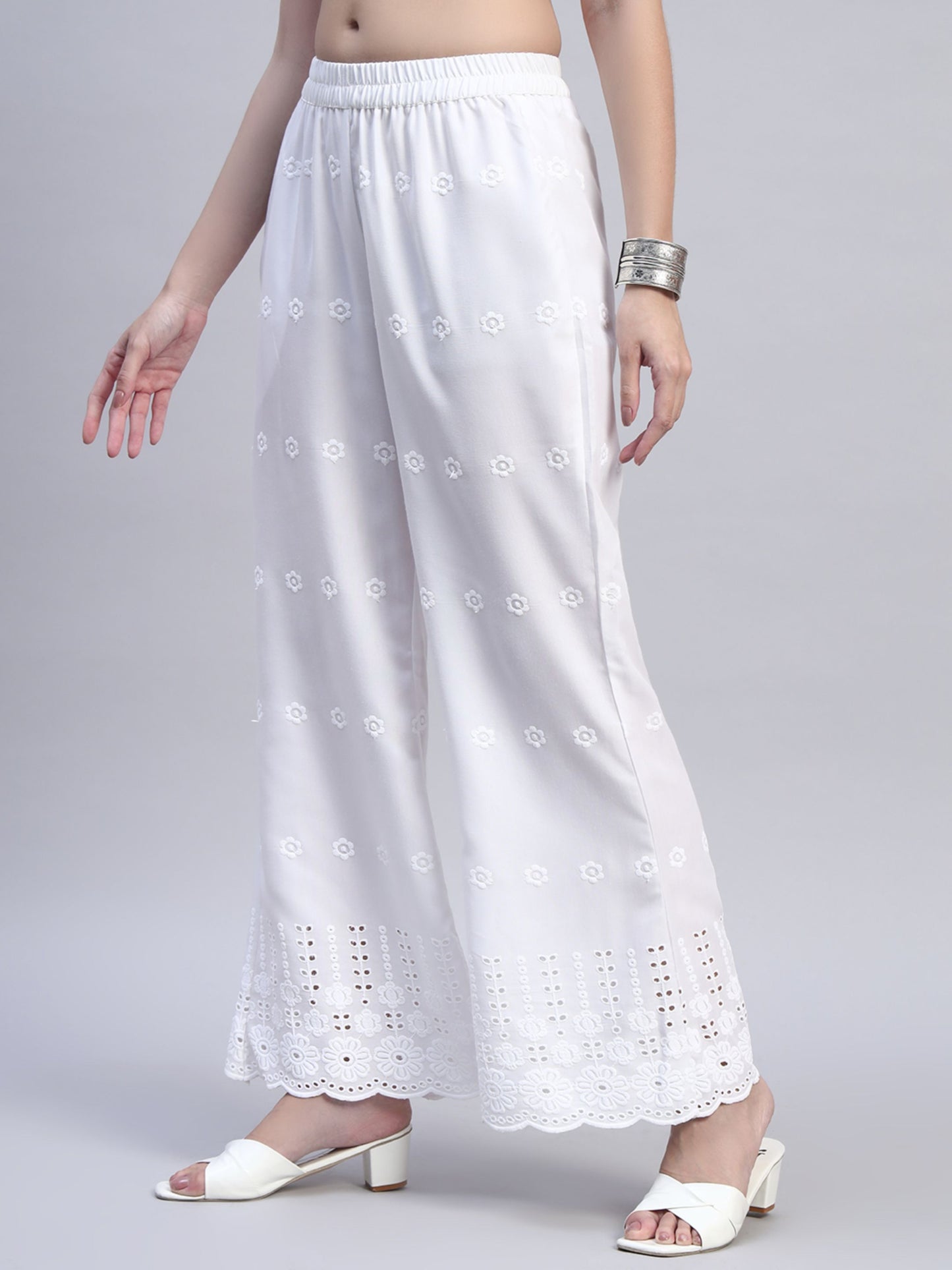 White Chikankari Cotton blend Women's Palazzo