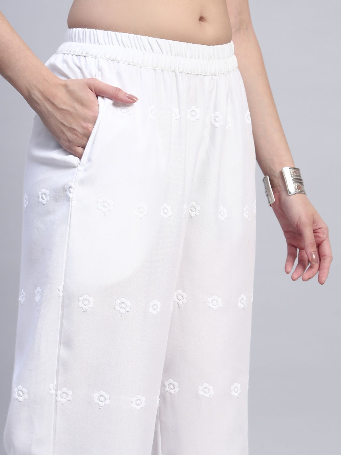 White Chikankari Cotton blend Women's Palazzo