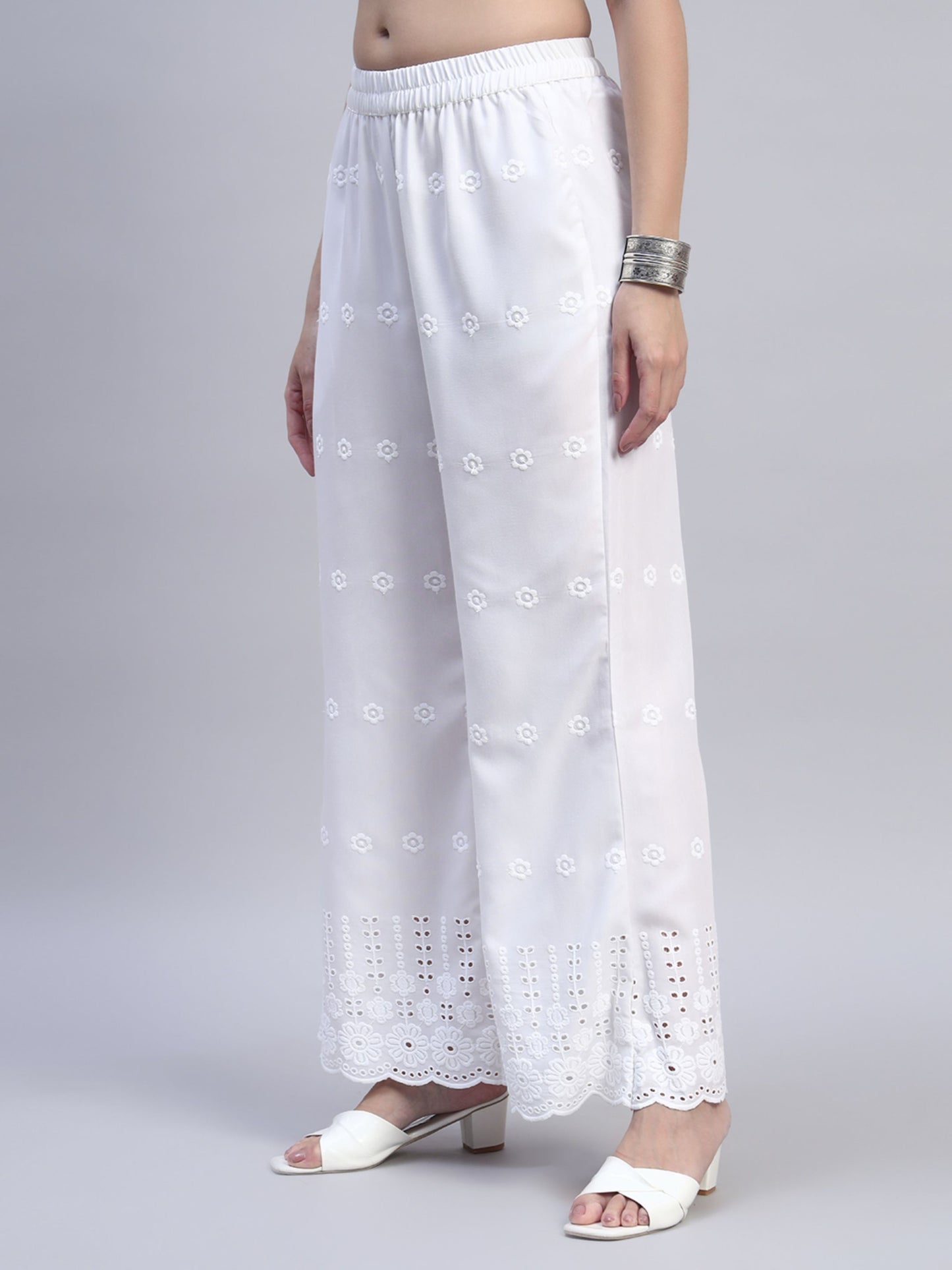 White Chikankari Cotton blend Women's Palazzo