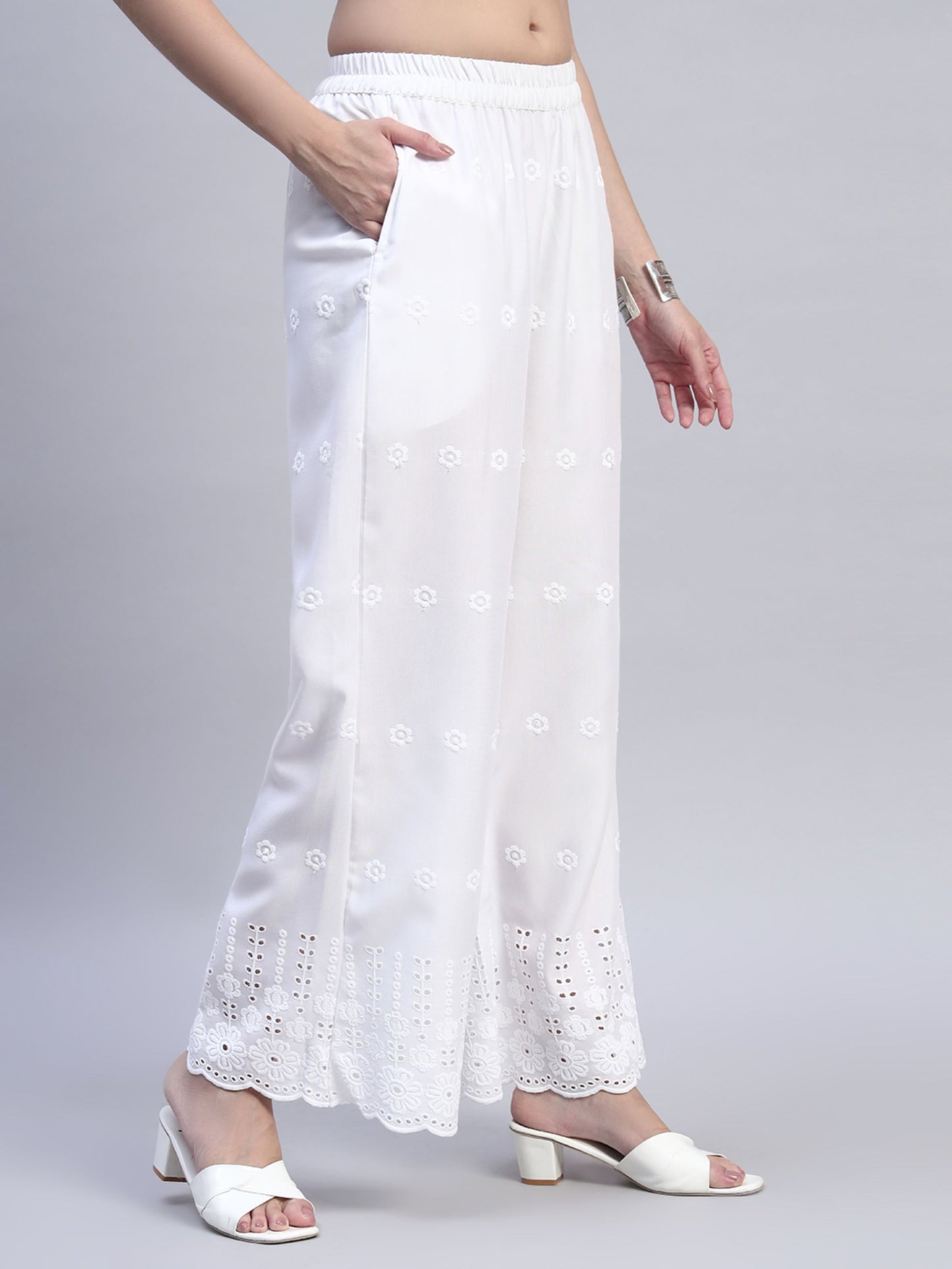 White Chikankari Cotton blend Women's Palazzo