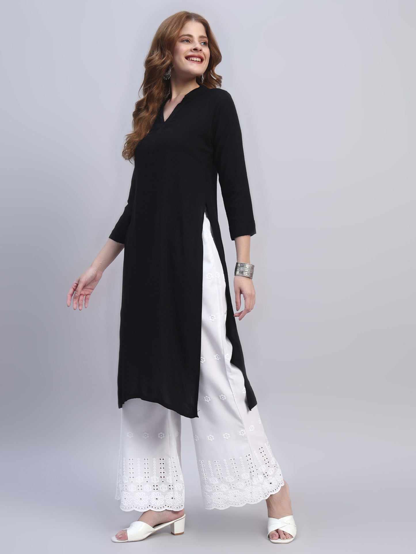 White Chikankari Cotton blend Women's Palazzo