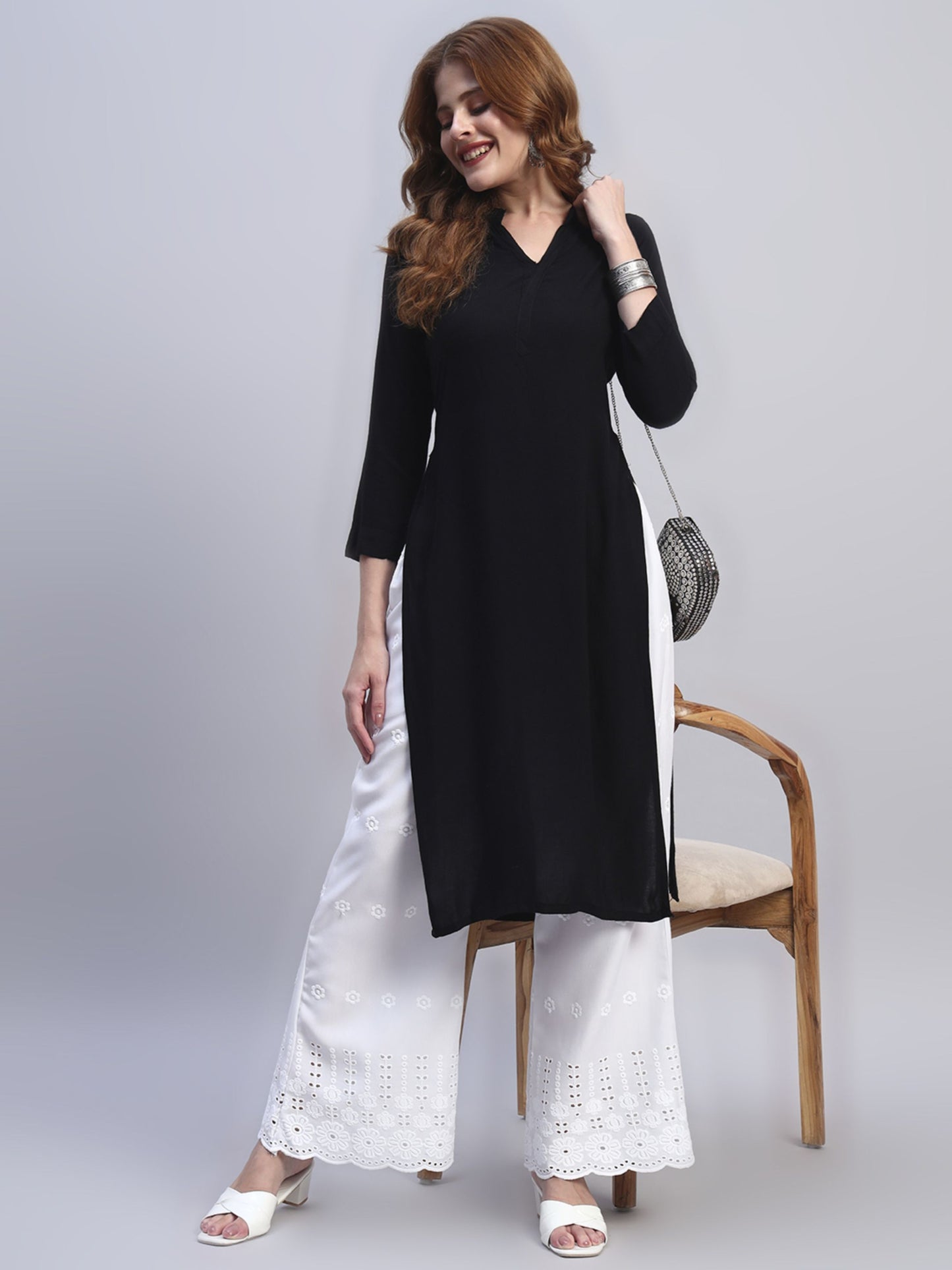 White Chikankari Cotton blend Women's Palazzo