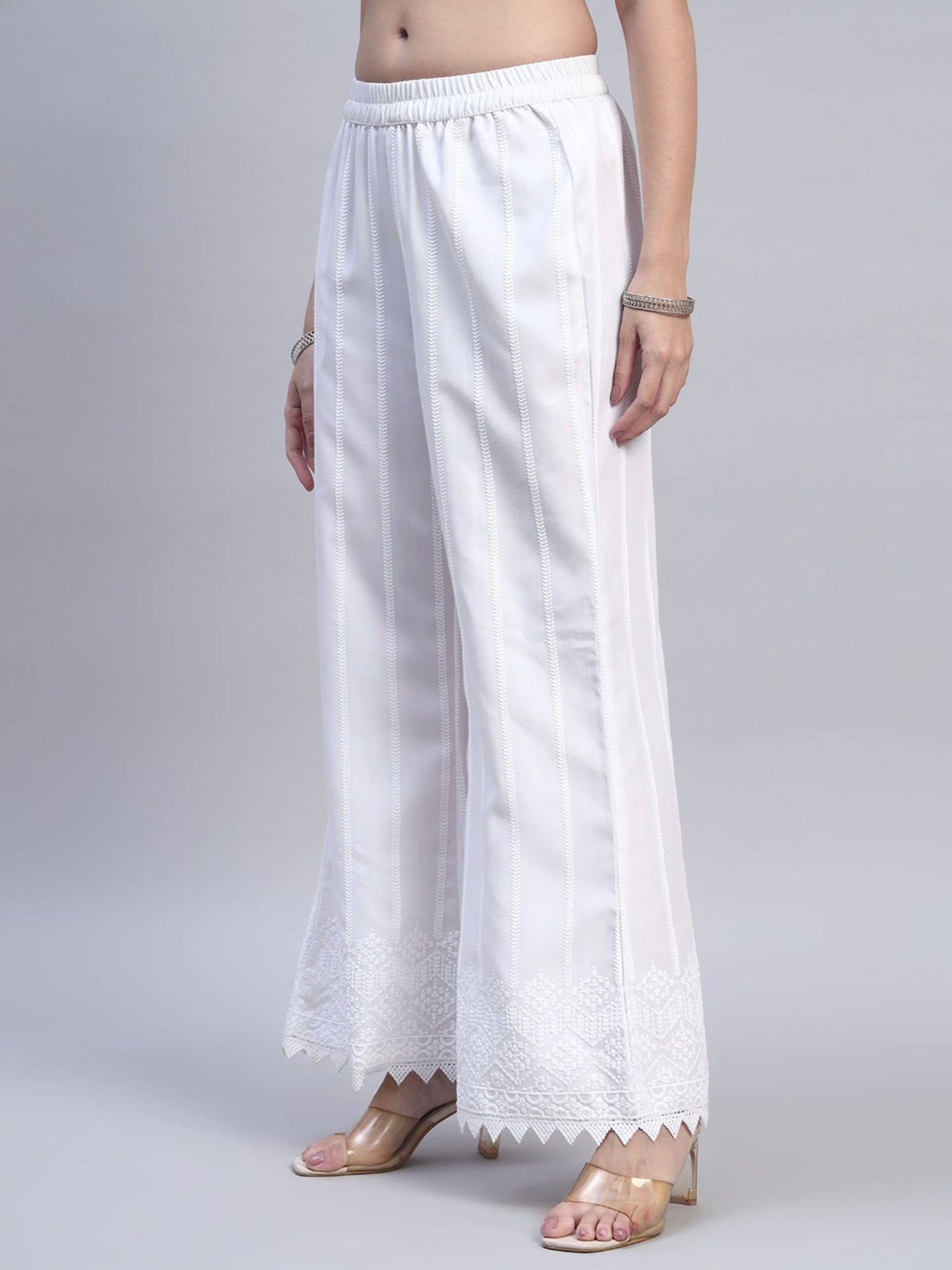 White Chikankari Cotton blend Women's Palazzo
