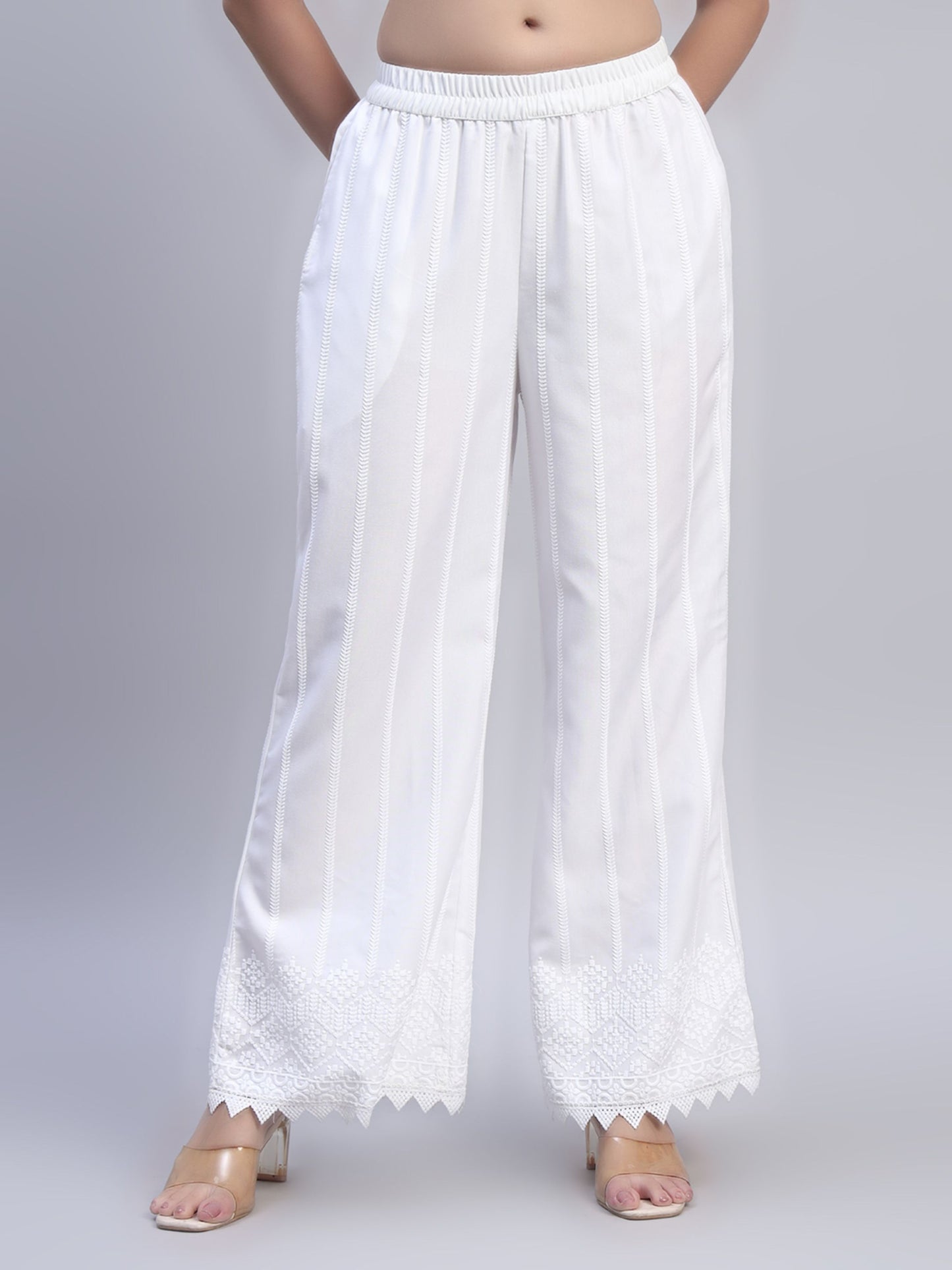 White Chikankari Cotton blend Women's Palazzo
