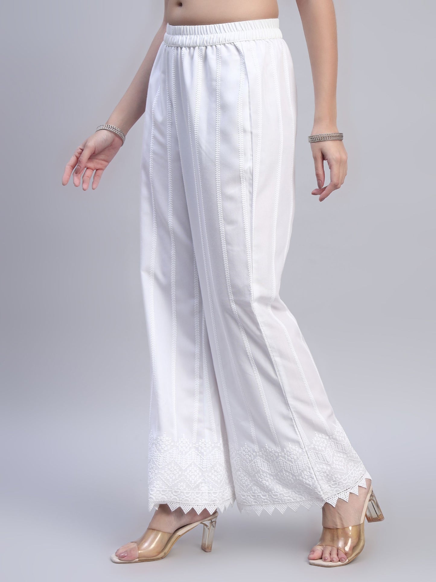 White Chikankari Cotton blend Women's Palazzo