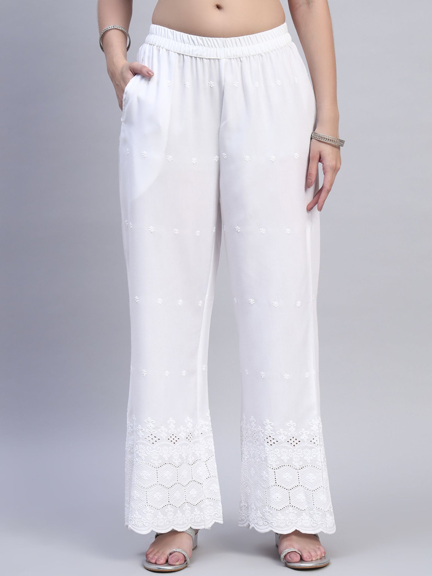 White Chikankari Cotton blend Women's Palazzo