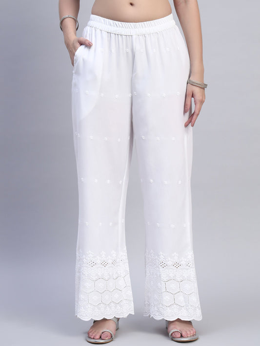 White Chikankari Cotton blend Women's Palazzo
