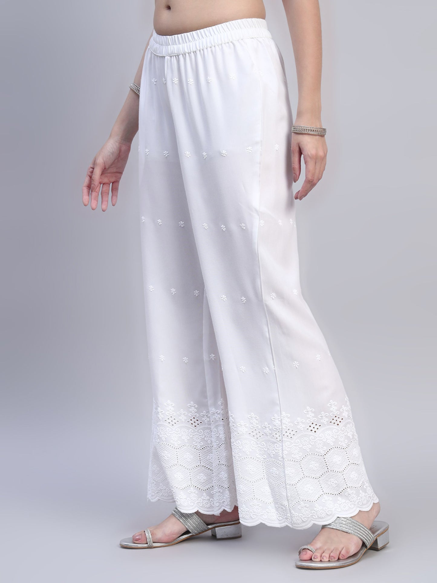 White Chikankari Cotton blend Women's Palazzo