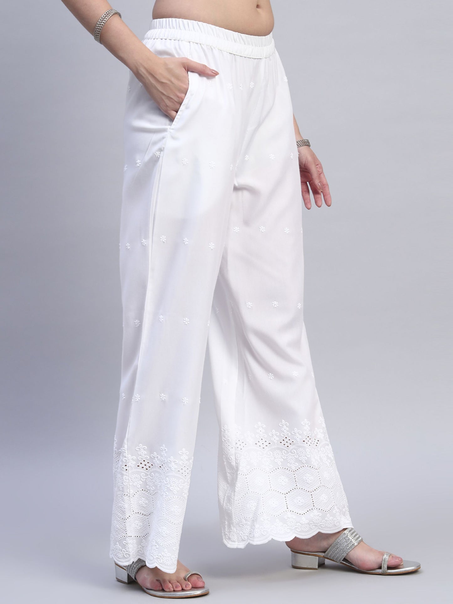 White Chikankari Cotton blend Women's Palazzo