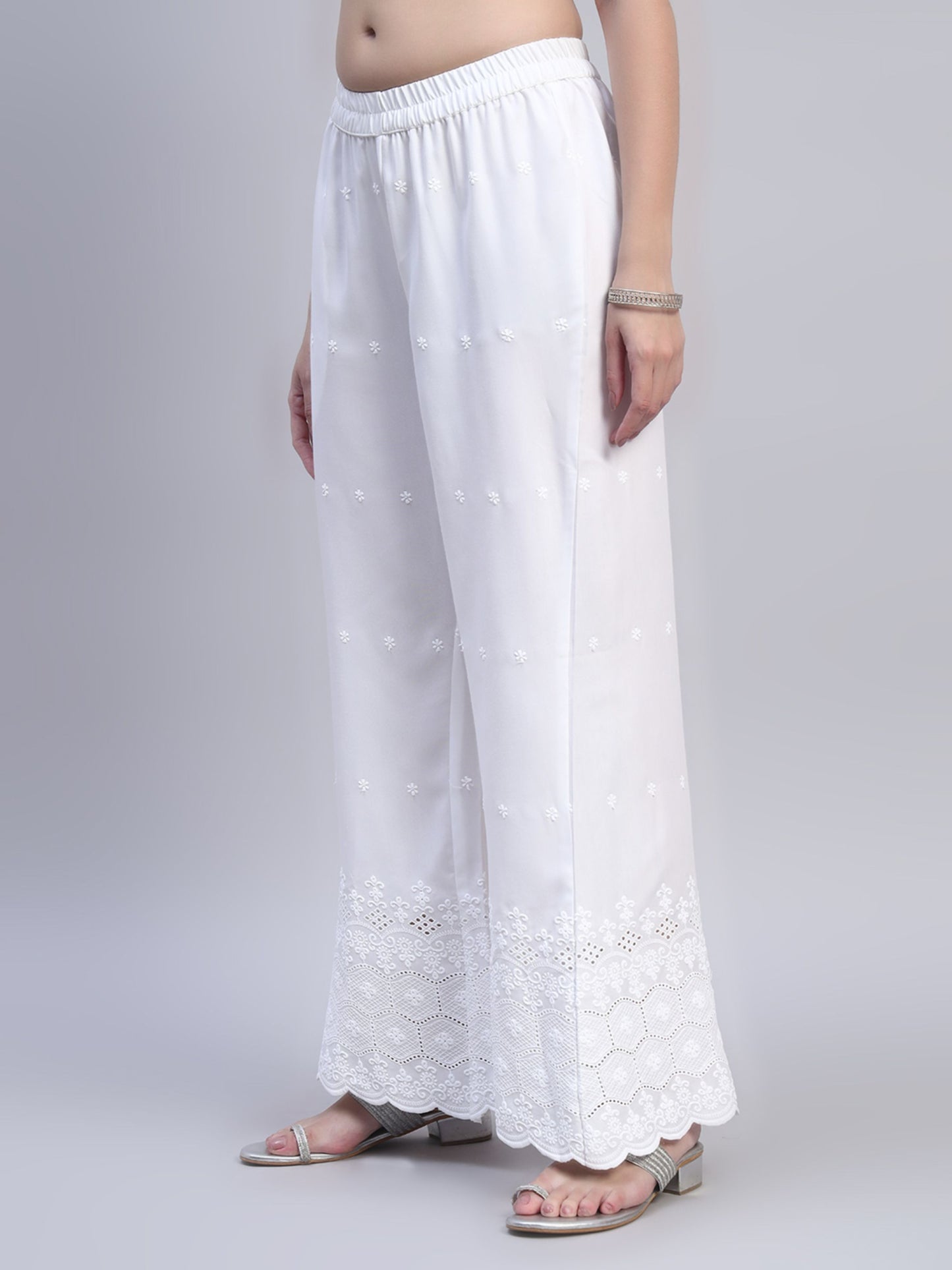 White Chikankari Cotton blend Women's Palazzo