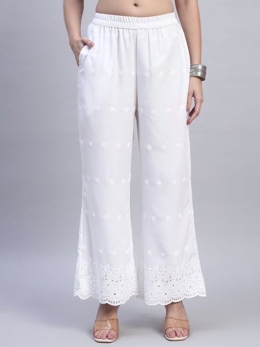 White Chikankari Cotton blend Women's Palazzo