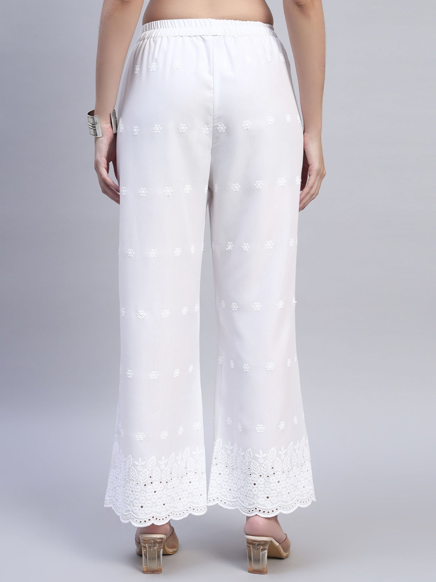 White Chikankari Cotton blend Women's Palazzo