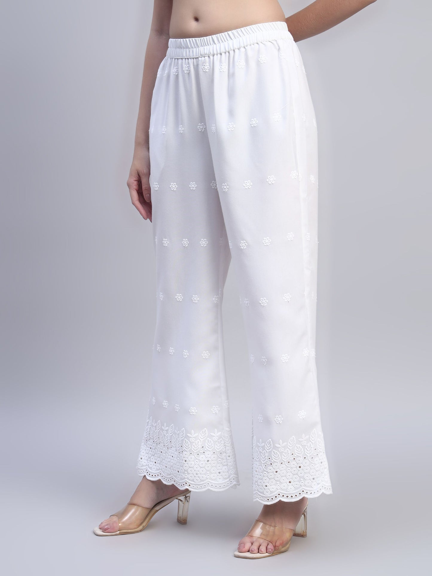 White Chikankari Cotton blend Women's Palazzo