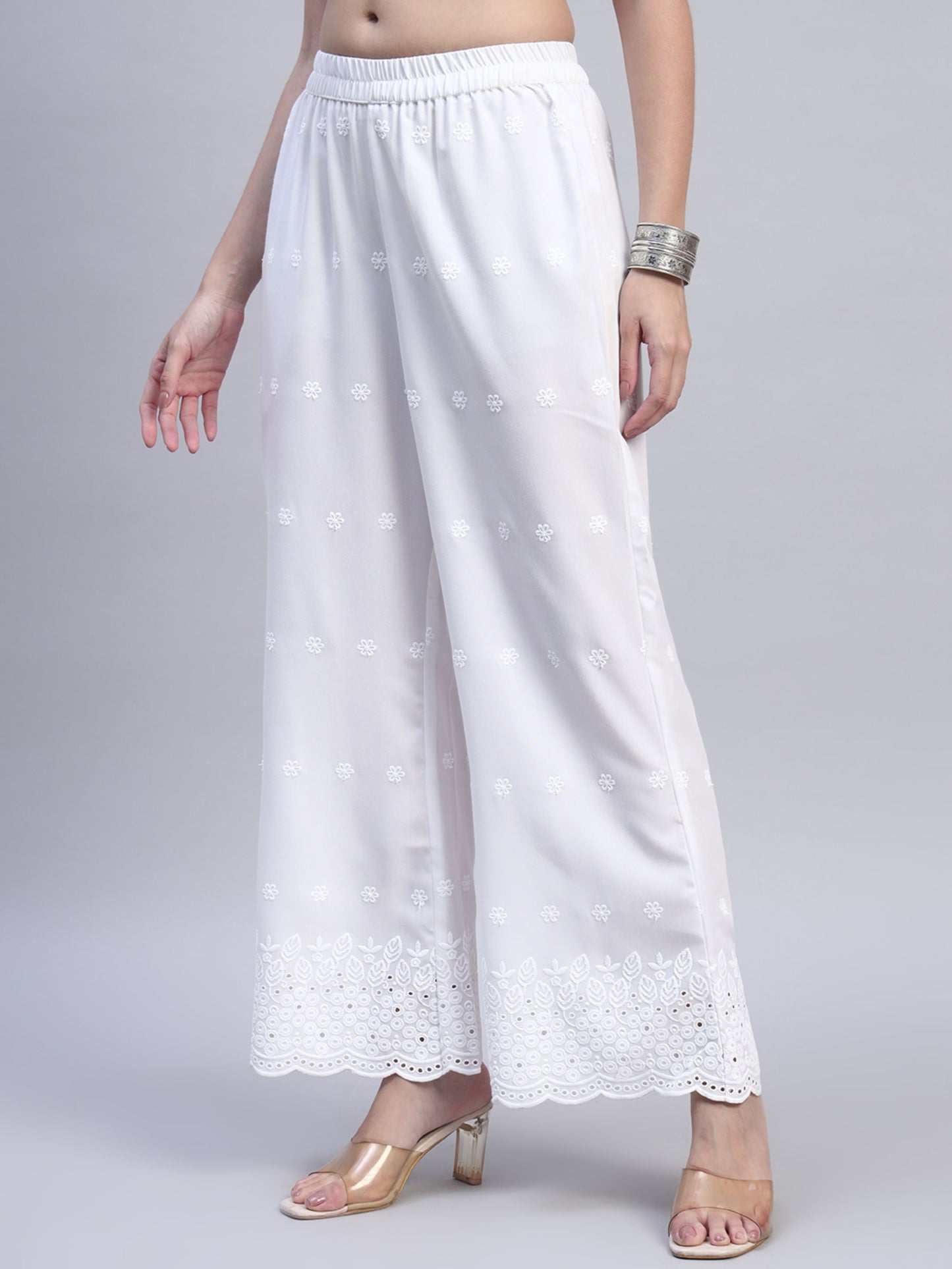 White Chikankari Cotton blend Women's Palazzo