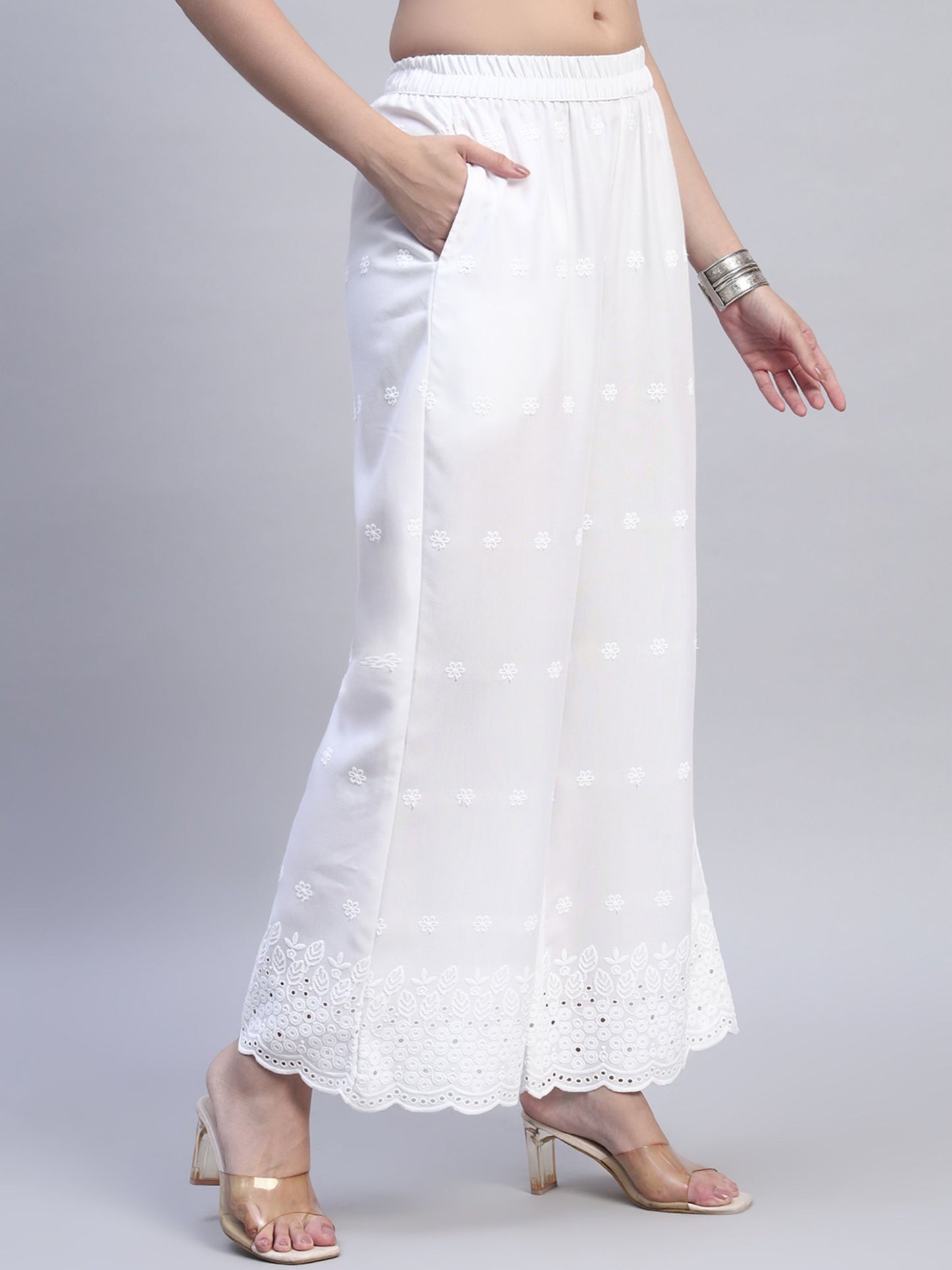 White Chikankari Cotton blend Women's Palazzo
