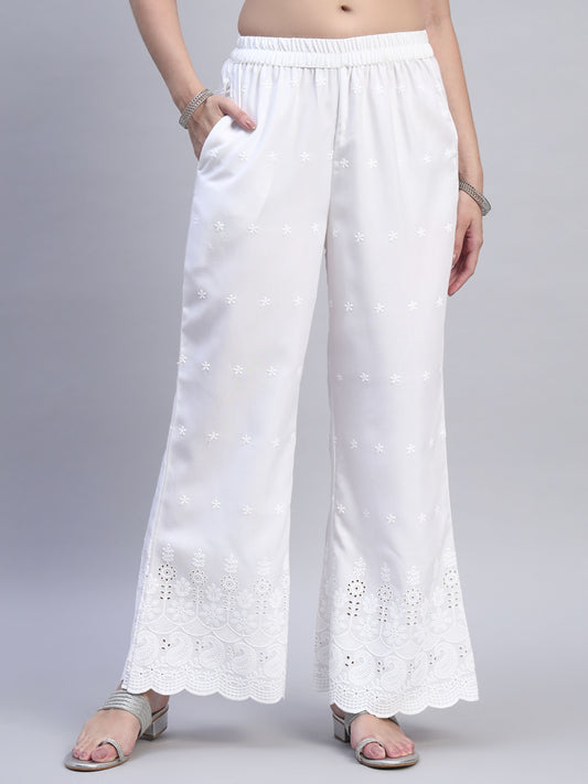 White Chikankari Cotton blend Women's Palazzo