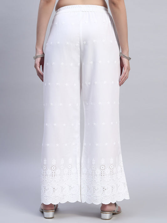 White Chikankari Cotton blend Women's Palazzo