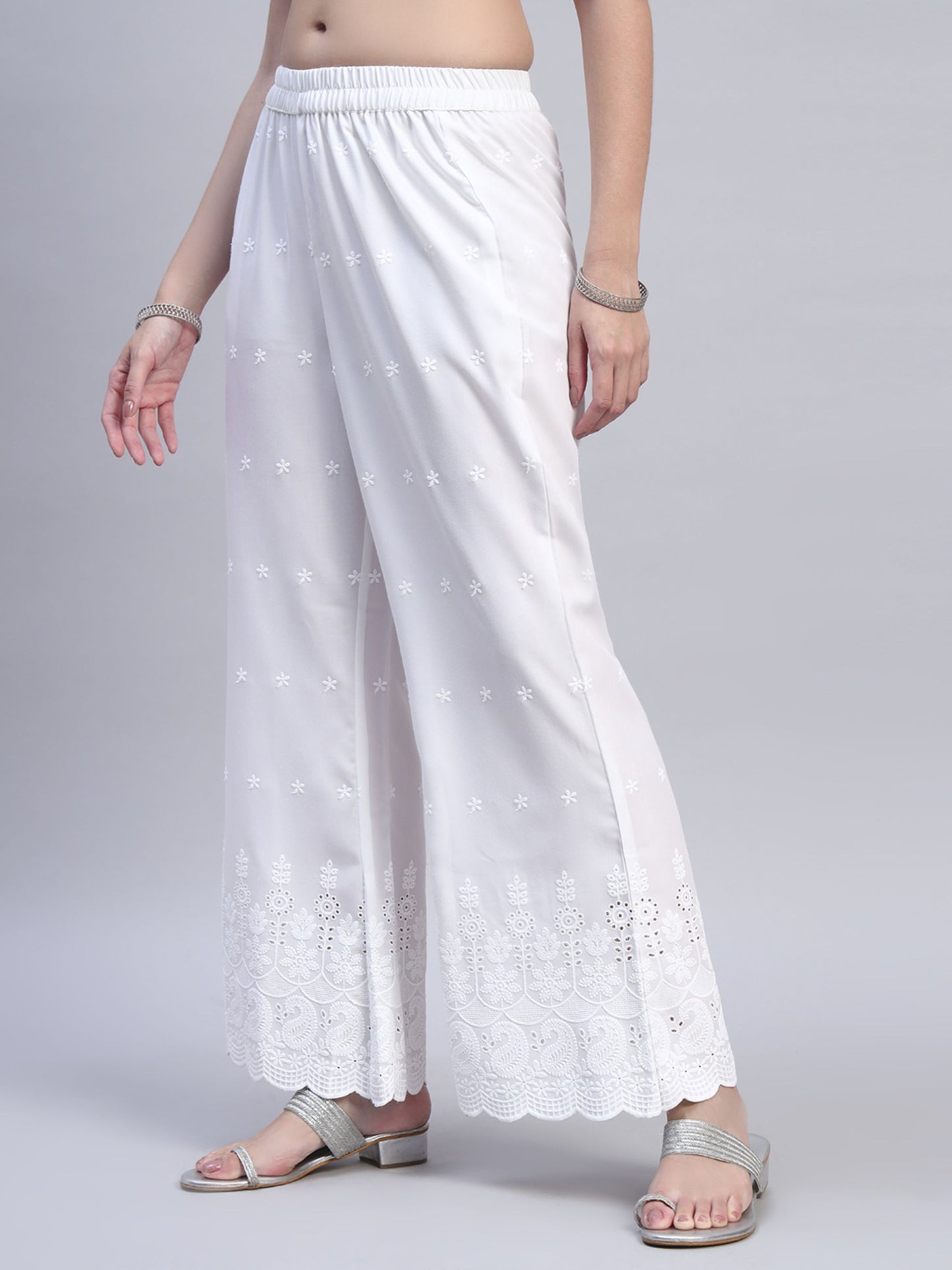 White Chikankari Cotton blend Women's Palazzo