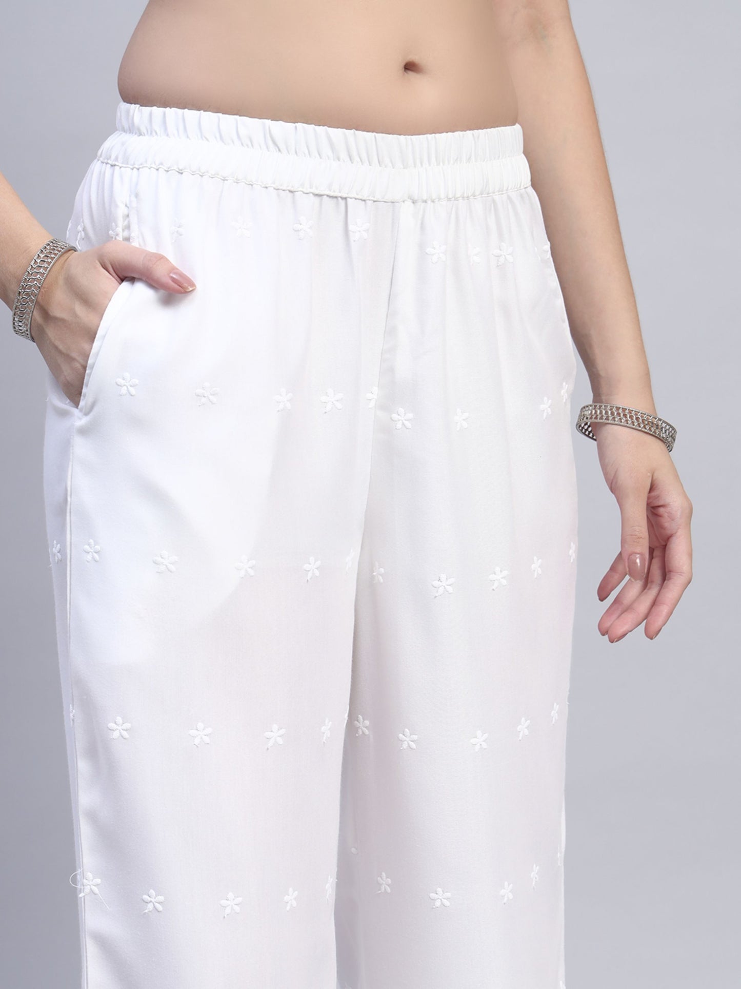 White Chikankari Cotton blend Women's Palazzo