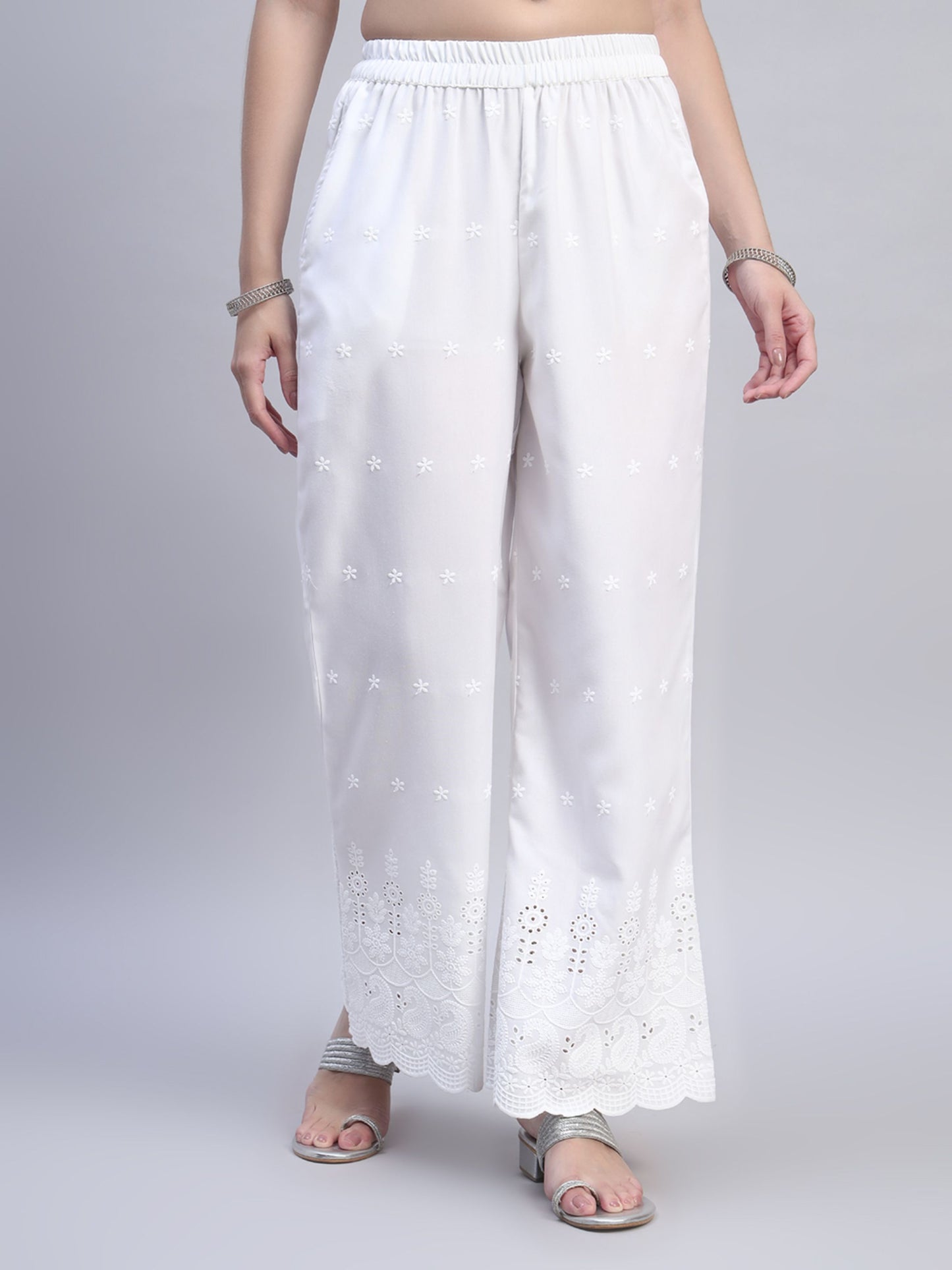 White Chikankari Cotton blend Women's Palazzo