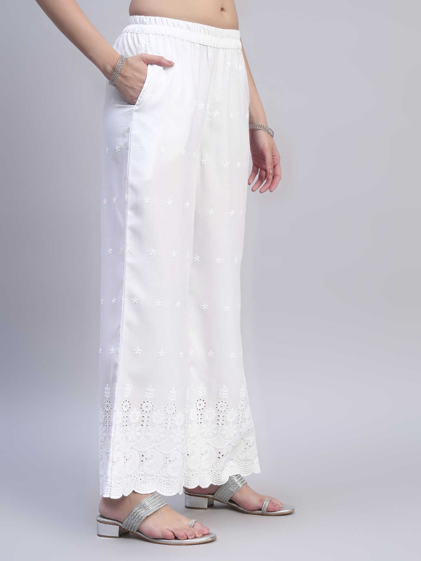 White Chikankari Cotton blend Women's Palazzo