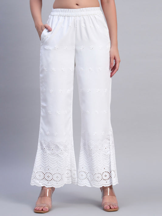 White Chikankari Cotton blend Women's Palazzo