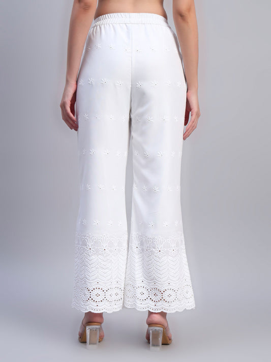 White Chikankari Cotton blend Women's Palazzo