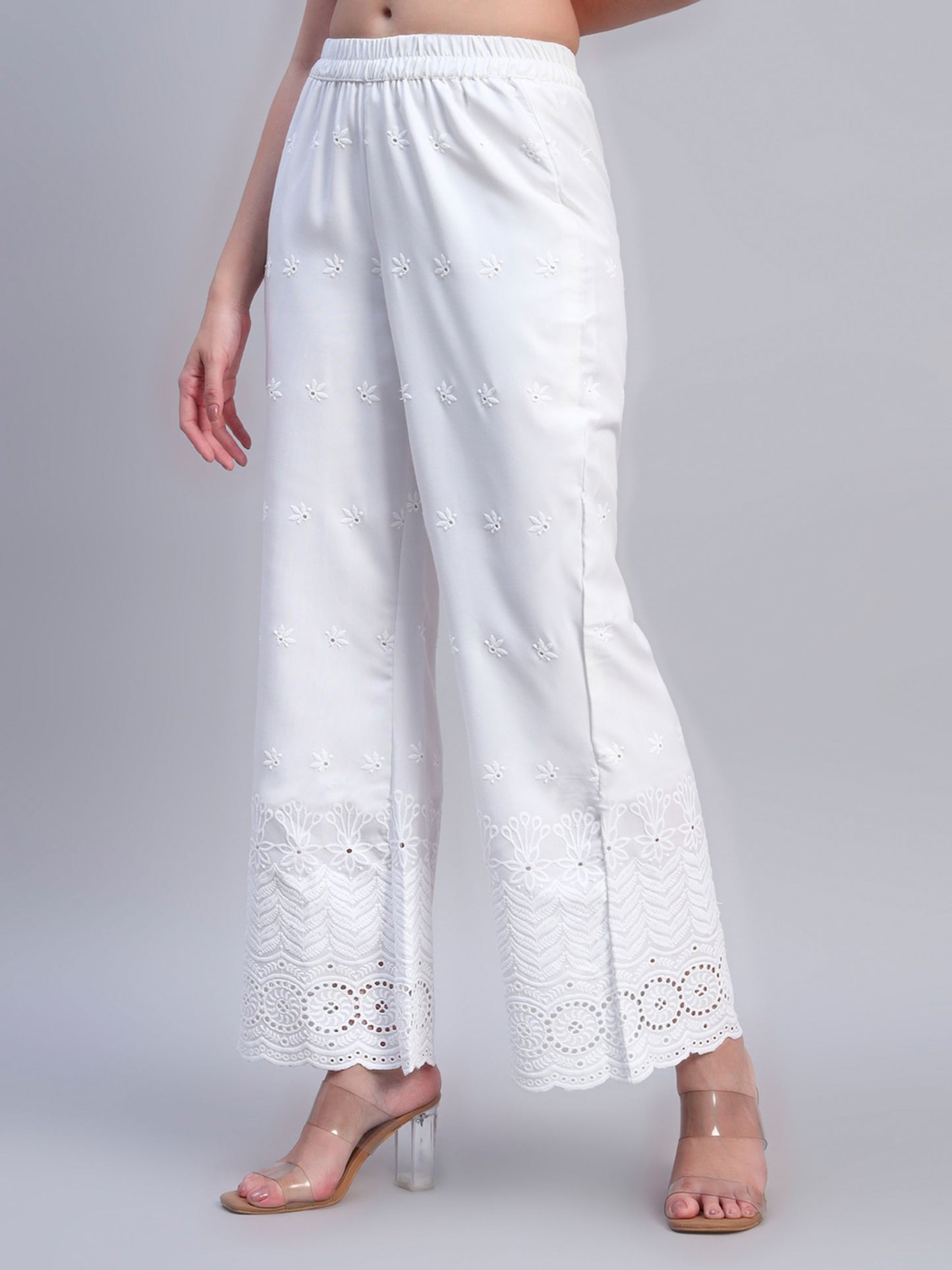 White Chikankari Cotton blend Women's Palazzo