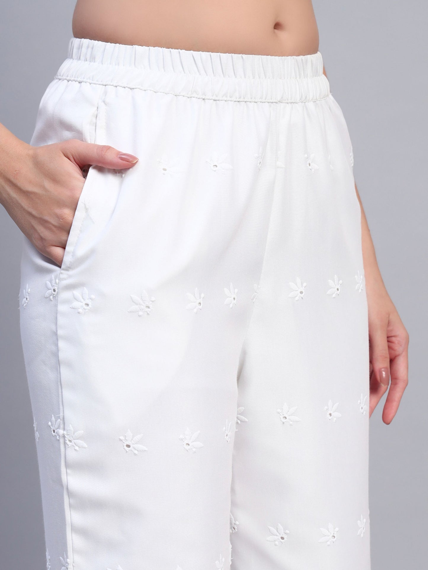 White Chikankari Cotton blend Women's Palazzo