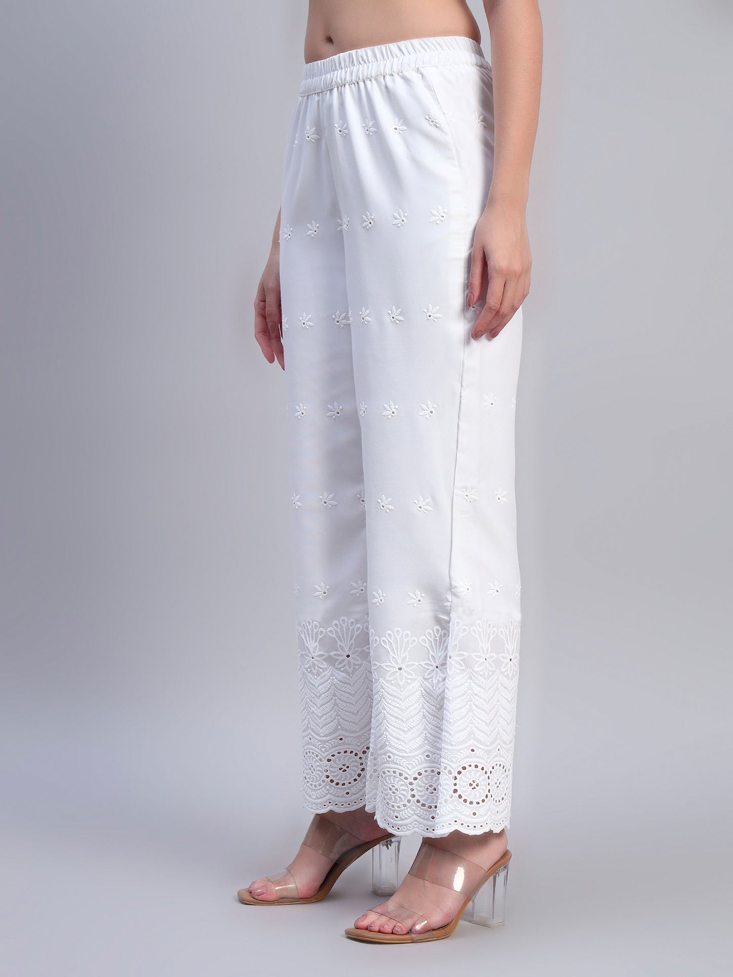 White Chikankari Cotton blend Women's Palazzo