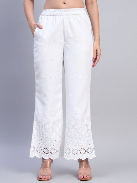 White Chikankari Cotton blend Women's Palazzo