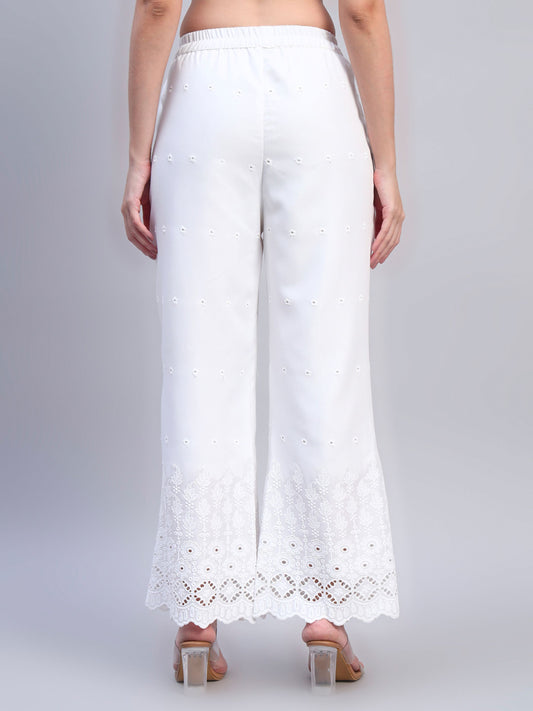 White Chikankari Cotton blend Women's Palazzo