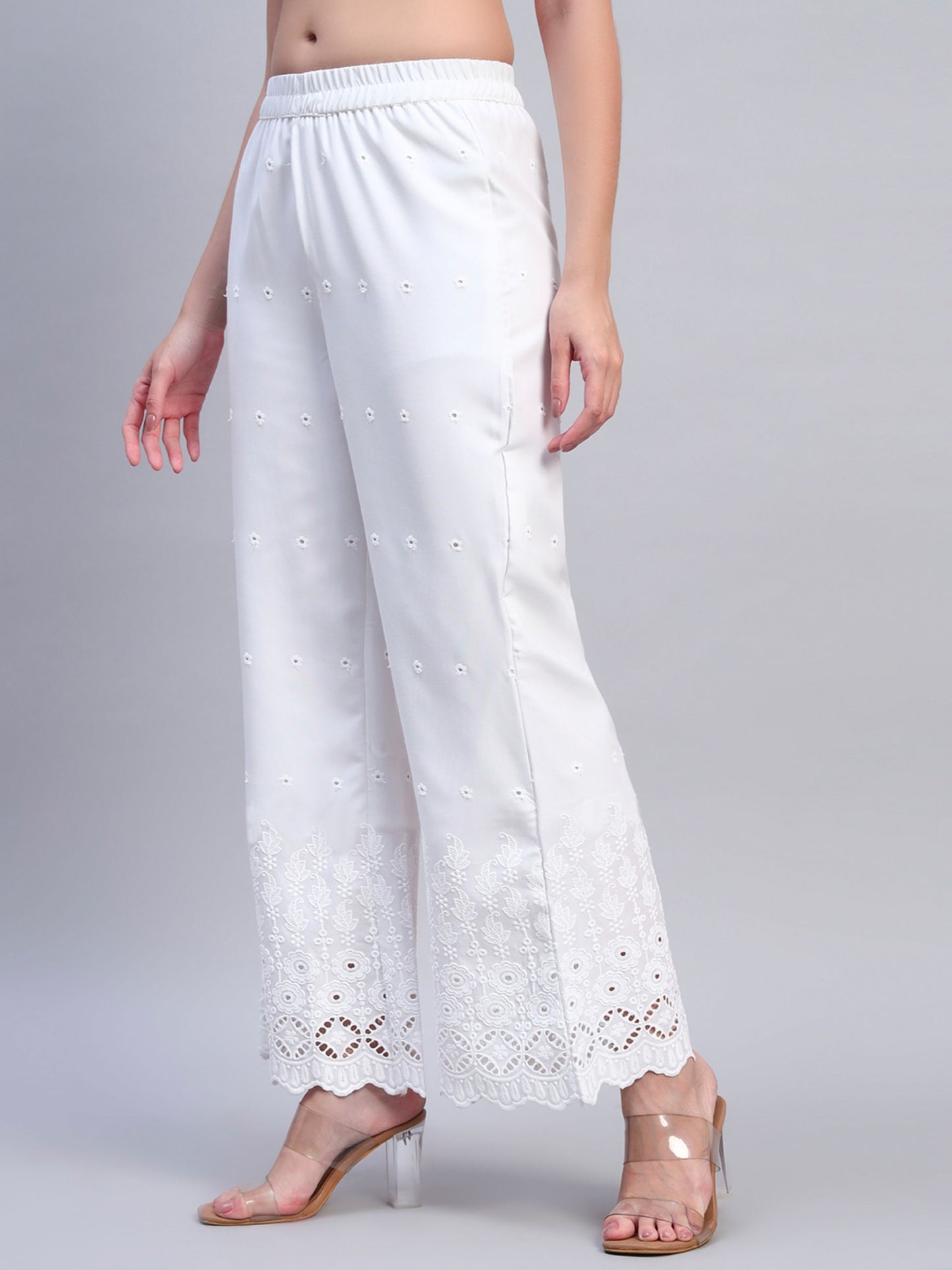 White Chikankari Cotton blend Women's Palazzo